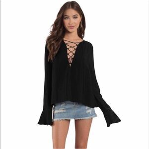 Tobi Lexi Lace Up Bell Sleeve Long Sleeve Black Blouse Top Small
